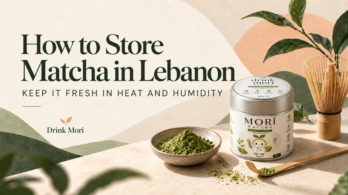 Mori Matcha tin with matcha powder for a guide to storing matcha in Lebanon