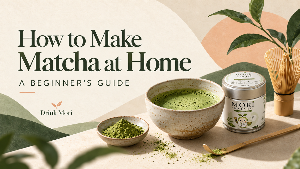 Mori Matcha tin with prepared matcha for a beginner guide to making matcha at home