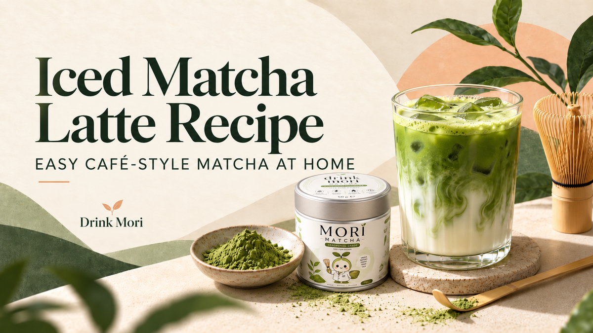 Mori Matcha tin beside an iced matcha latte for an easy matcha latte recipe