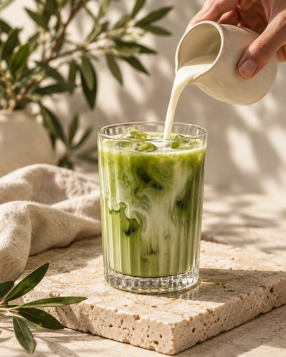 Milk poured into an iced matcha latte